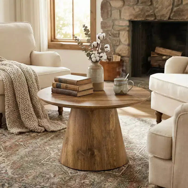 JVNOXK Tavolino Rotondo in MDF Effetto Legno Naturale - Diametro 23.6, Altezza 13.8, Squisita Superficie con Venature del Legno, Legno