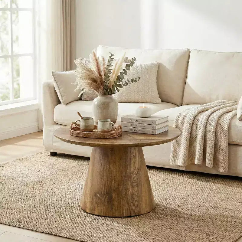 JVNOXK Tavolino Rotondo in MDF Effetto Legno Naturale - Diametro 23.6, Altezza 13.8, Squisita Superficie con Venature del Legno, Legno