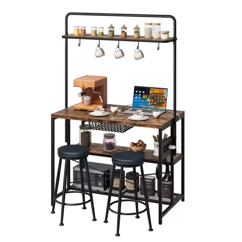 Isola Cucina con Presa Elettrica e 2 Sgabelli, Tavolo da Caffè Industriale con Scaffali e Ripiani per la Conservazione