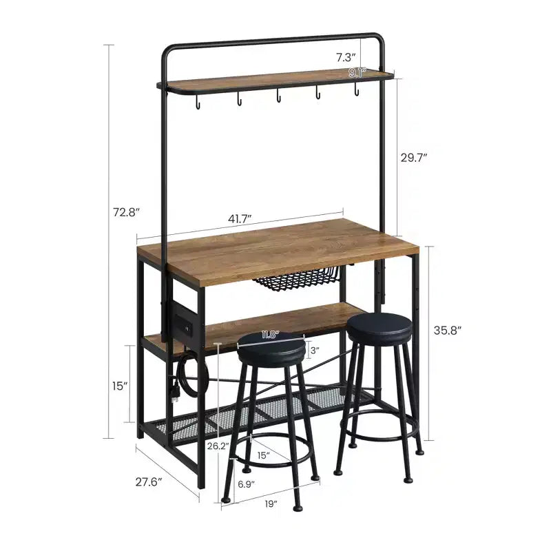 Isola Cucina con Presa Elettrica e 2 Sgabelli, Tavolo da Caffè Industriale con Scaffali e Ripiani per la Conservazione