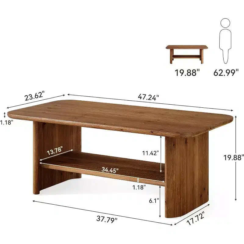 Tavolino da caffè Lantine in legno massello per soggiorno, tavolino da caffè rettangolare da 120 cm con contenitore, tavolino centrale a 2 ripiani per casa, appartamento, ufficio, marrone