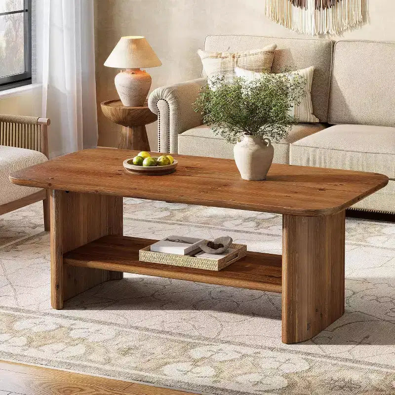 Tavolino da caffè Lantine in legno massello per soggiorno, tavolino da caffè rettangolare da 120 cm con contenitore, tavolino centrale a 2 ripiani per casa, appartamento, ufficio, marrone