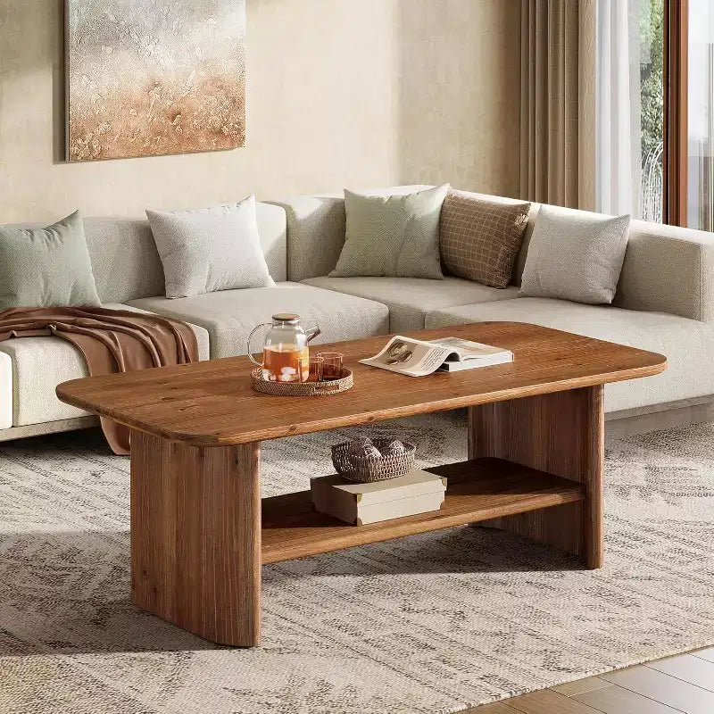 Tavolino da caffè Lantine in legno massello per soggiorno, tavolino da caffè rettangolare da 120 cm con contenitore, tavolino centrale a 2 ripiani per casa, appartamento, ufficio, marrone