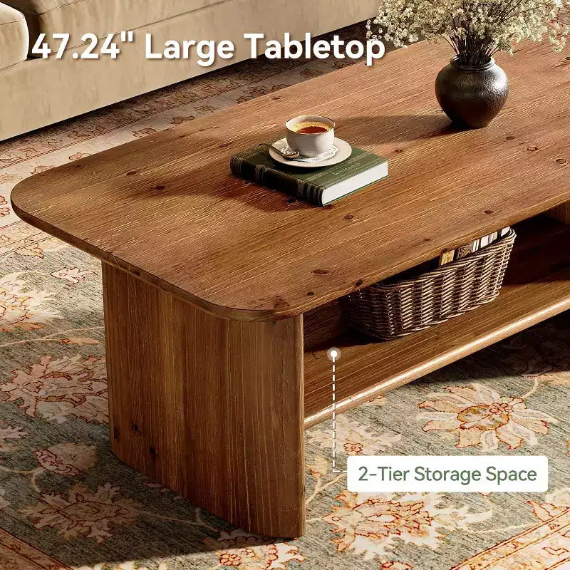 Tavolino da caffè Lantine in legno massello per soggiorno, tavolino da caffè rettangolare da 120 cm con contenitore, tavolino centrale a 2 ripiani per casa, appartamento, ufficio, marrone