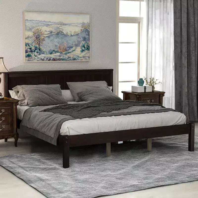 FAMYYT Letto Matrimoniale con Piattaforma e Testiera, Facile Montaggio, Espresso