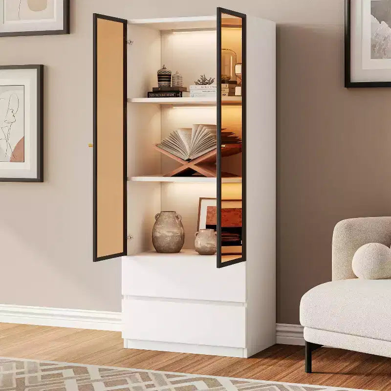 ATJafurn Mobile Dispensa Moderno Alto 160 cm, Credenza da Cucina a 3 Ripiani con Ante in Vetro e Cassetti per Cucina, Soggiorno, Studio