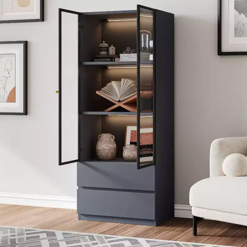 ATJafurn Mobile Dispensa Moderno Alto 160 cm, Credenza da Cucina a 3 Ripiani con Ante in Vetro e Cassetti per Cucina, Soggiorno, Studio