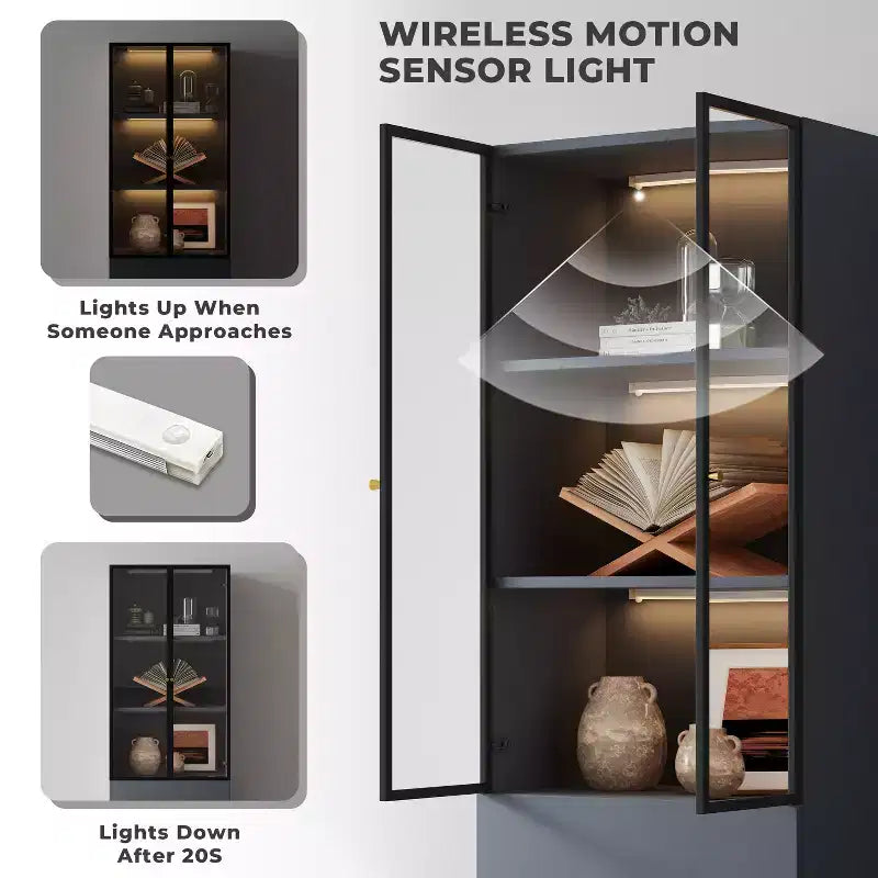 ATJafurn Mobile Dispensa Moderno Alto 160 cm, Credenza da Cucina a 3 Ripiani con Ante in Vetro e Cassetti per Cucina, Soggiorno, Studio