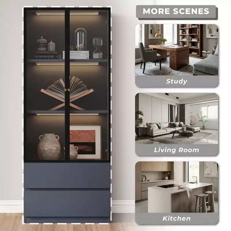 ATJafurn Mobile Dispensa Moderno Alto 160 cm, Credenza da Cucina a 3 Ripiani con Ante in Vetro e Cassetti per Cucina, Soggiorno, Studio