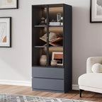 ATJafurn Modern 62.9'' Tall China Cabinet, Wooden 3-Tier Curio Display Storage Hutch With Glass Doors And Drawers For Kitchen Living Room Study
