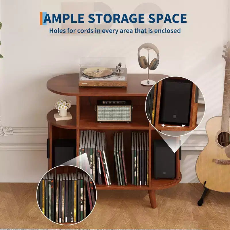 Mobile Porta Giradischi Ovale di Metà Secolo con Stazione di Ricarica, Mobile ad Arco in Legno per Vinili e Supporto Espositivo, Tavolino per Musica e Soggiorno