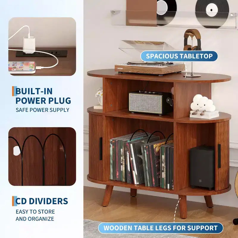 Mobile Porta Giradischi Ovale di Metà Secolo con Stazione di Ricarica, Mobile ad Arco in Legno per Vinili e Supporto Espositivo, Tavolino per Musica e Soggiorno