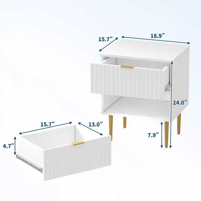 Set di 2 Comodini Moderni Scanalati con Stazione di Ricarica e 2 Cassetti, Tavolino/Comodino con Dettagli in Legno e Oro per Camera da Letto, Soggiorno e Divano