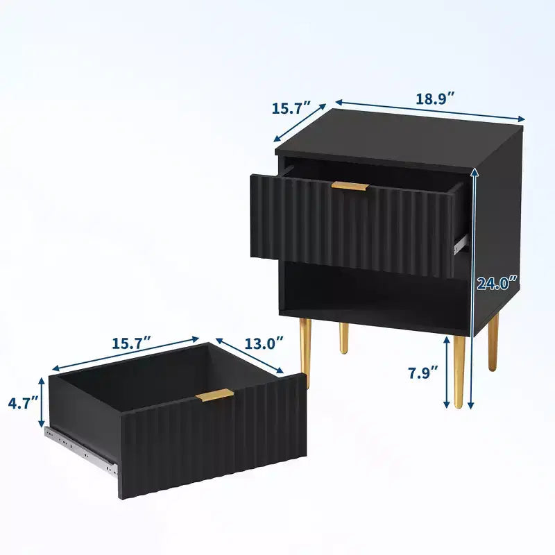 Set di 2 Comodini Moderni Scanalati con Stazione di Ricarica e 2 Cassetti, Tavolino/Comodino con Dettagli in Legno e Oro per Camera da Letto, Soggiorno e Divano