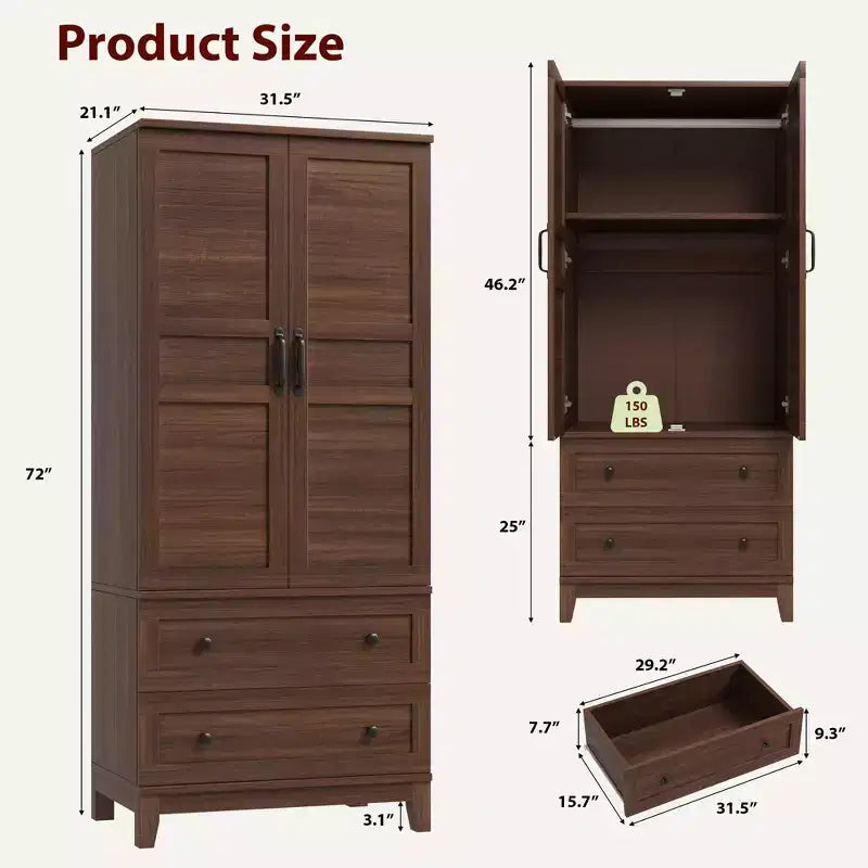 Armadio Guardaroba con 2 Cassetti, Organizer in Legno Alto 183 cm con Asta Appendipebnti, Mobile Contenitore Grande con Ante e Ripiani Regolabili per la Casa