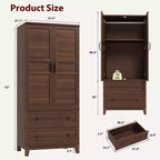 Armadio Guardaroba con 2 Cassetti, Organizer in Legno Alto 183 cm con Asta Appendipebnti, Mobile Contenitore Grande con Ante e Ripiani Regolabili per la Casa