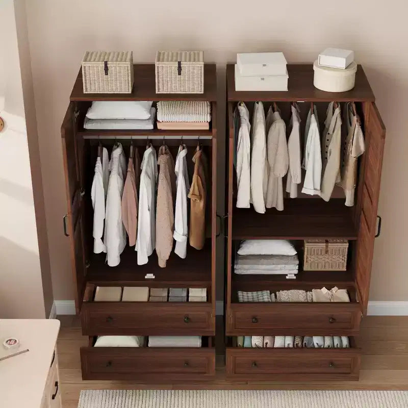 Armadio Guardaroba con 2 Cassetti, Organizer in Legno Alto 183 cm con Asta Appendipebnti, Mobile Contenitore Grande con Ante e Ripiani Regolabili per la Casa