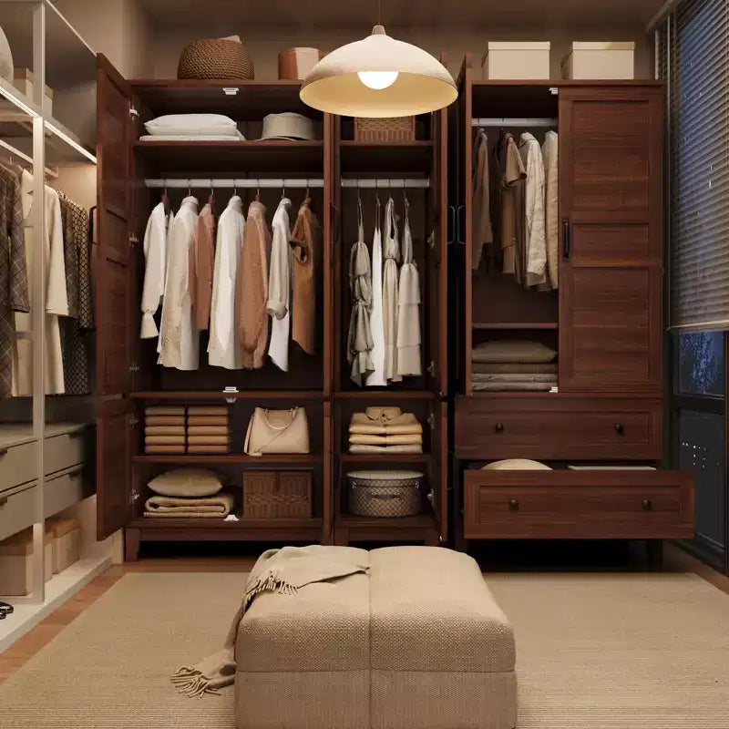 Armadio Guardaroba con 2 Cassetti, Organizer in Legno Alto 183 cm con Asta Appendipebnti, Mobile Contenitore Grande con Ante e Ripiani Regolabili per la Casa