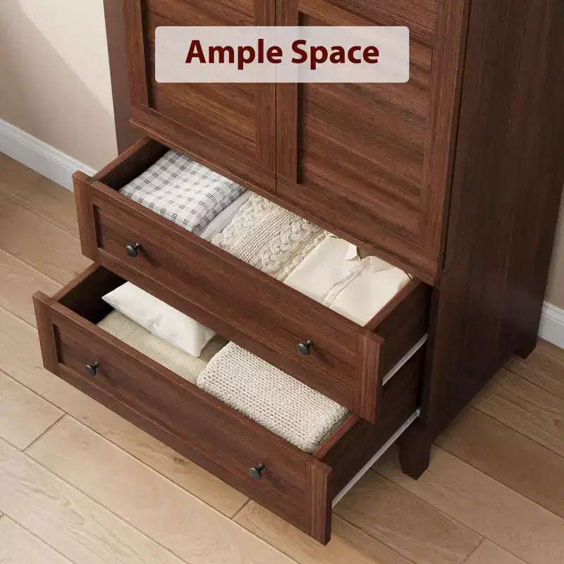 Armadio Guardaroba con 2 Cassetti, Organizer in Legno Alto 183 cm con Asta Appendipebnti, Mobile Contenitore Grande con Ante e Ripiani Regolabili per la Casa