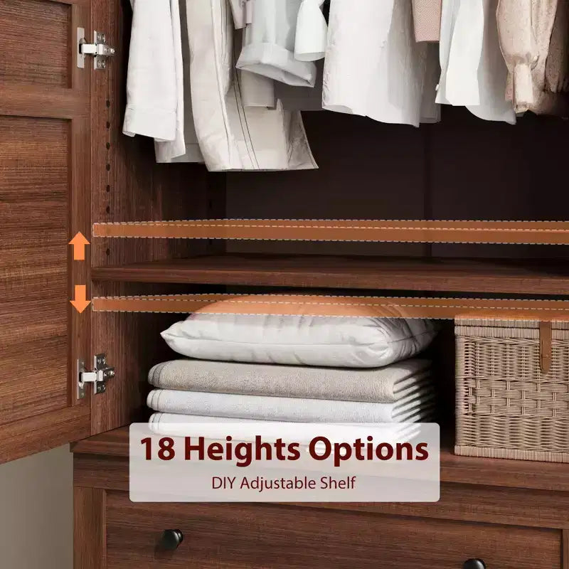 Armadio Guardaroba con 2 Cassetti, Organizer in Legno Alto 183 cm con Asta Appendipebnti, Mobile Contenitore Grande con Ante e Ripiani Regolabili per la Casa