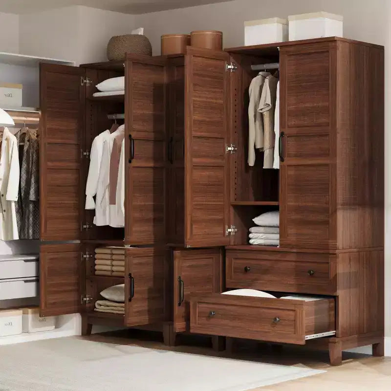 Armadio Guardaroba con 2 Cassetti, Organizer in Legno Alto 183 cm con Asta Appendipebnti, Mobile Contenitore Grande con Ante e Ripiani Regolabili per la Casa