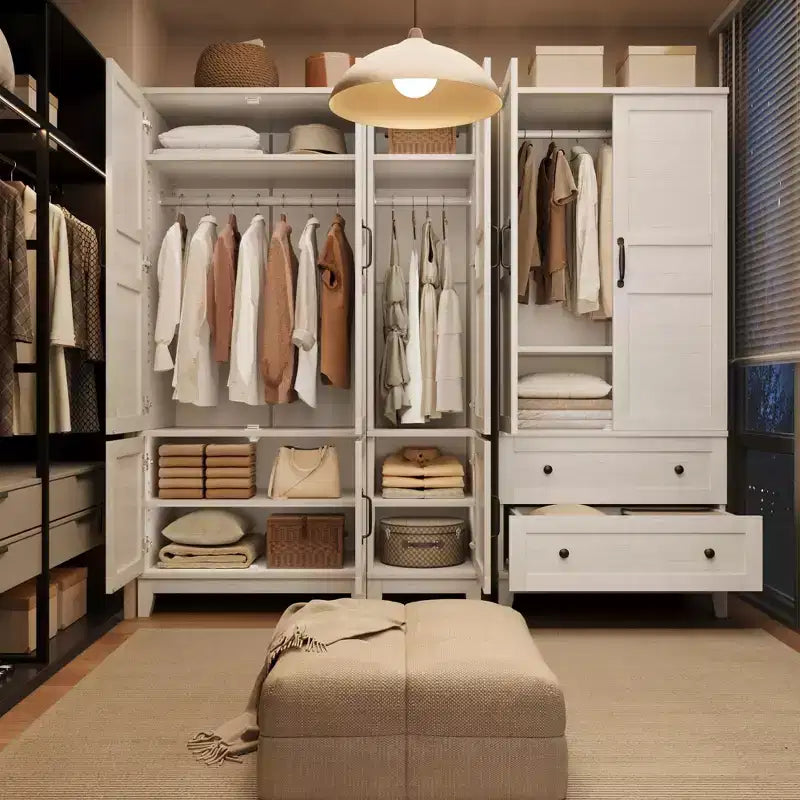 Armadio Guardaroba con 2 Cassetti, Organizer in Legno Alto 183 cm con Asta Appendipebnti, Mobile Contenitore Grande con Ante e Ripiani Regolabili per la Casa