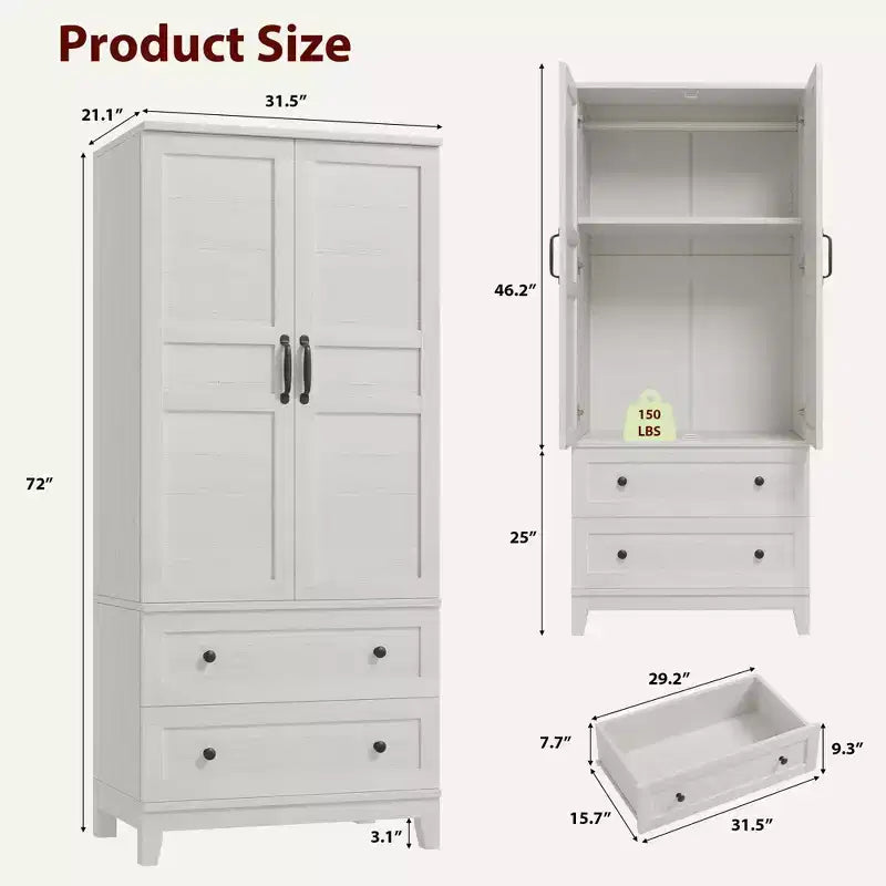 Armadio Guardaroba con 2 Cassetti, Organizer in Legno Alto 183 cm con Asta Appendipebnti, Mobile Contenitore Grande con Ante e Ripiani Regolabili per la Casa