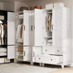 Armadio Guardaroba con 2 Cassetti, Organizer in Legno Alto 183 cm con Asta Appendipebnti, Mobile Contenitore Grande con Ante e Ripiani Regolabili per la Casa