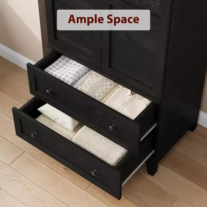 Armadio Guardaroba con 2 Cassetti, Organizer in Legno Alto 183 cm con Asta Appendipebnti, Mobile Contenitore Grande con Ante e Ripiani Regolabili per la Casa