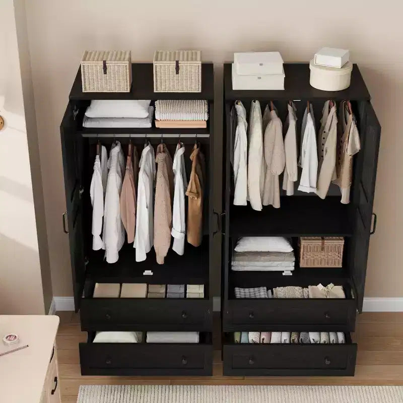 Armadio Guardaroba con 2 Cassetti, Organizer in Legno Alto 183 cm con Asta Appendipebnti, Mobile Contenitore Grande con Ante e Ripiani Regolabili per la Casa