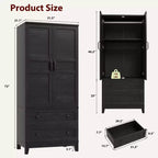 Armadio Guardaroba con 2 Cassetti, Organizer in Legno Alto 183 cm con Asta Appendipebnti, Mobile Contenitore Grande con Ante e Ripiani Regolabili per la Casa