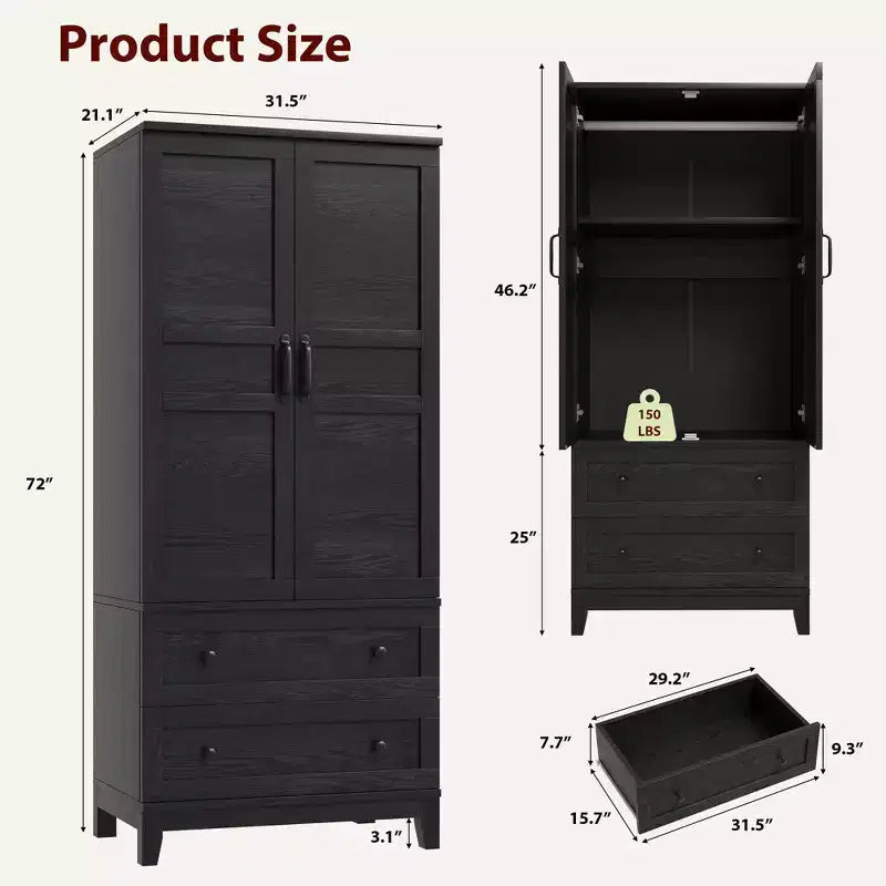 Armadio Guardaroba con 2 Cassetti, Organizer in Legno Alto 183 cm con Asta Appendipebnti, Mobile Contenitore Grande con Ante e Ripiani Regolabili per la Casa