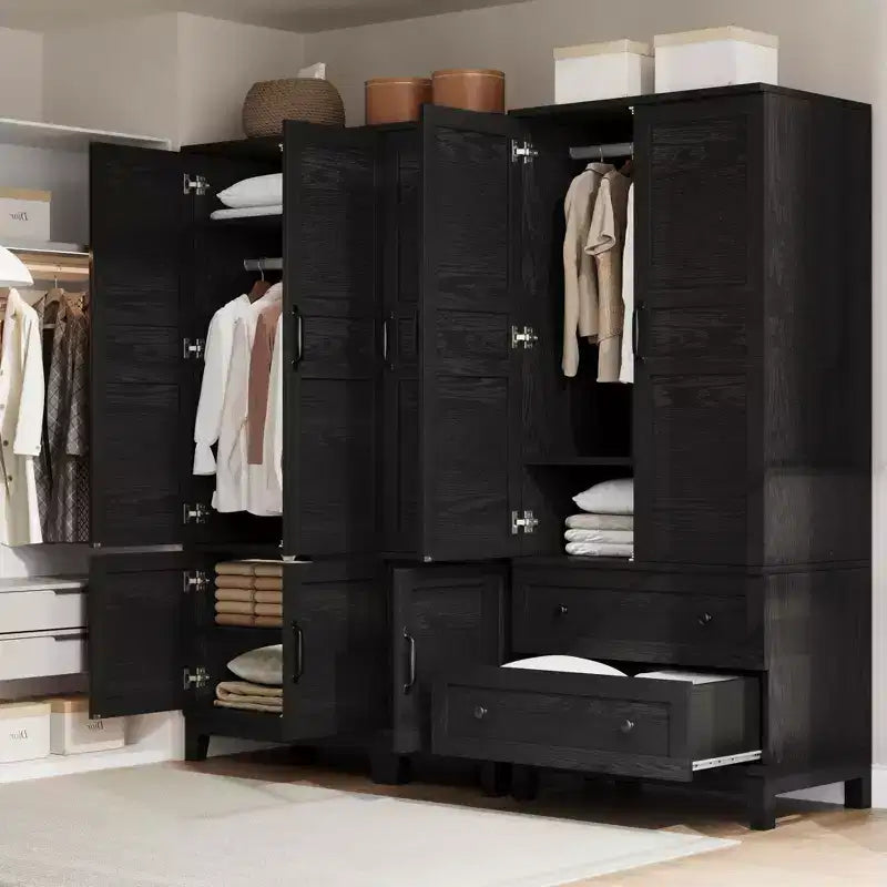 Armadio Guardaroba con 2 Cassetti, Organizer in Legno Alto 183 cm con Asta Appendipebnti, Mobile Contenitore Grande con Ante e Ripiani Regolabili per la Casa