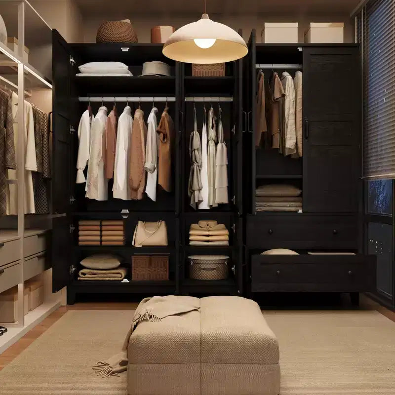 Armadio Guardaroba con 2 Cassetti, Organizer in Legno Alto 183 cm con Asta Appendipebnti, Mobile Contenitore Grande con Ante e Ripiani Regolabili per la Casa