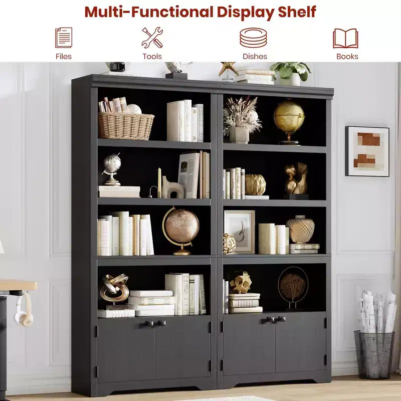 Libreria a 5 Ripiani, Libreria Stile Rustico, Larga 60/80 cm con 2 Ante e Ripiani Regolabili, Scaffale Aperto con Design Antiscivolo per la Casa