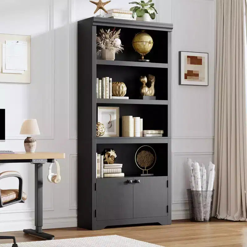 Libreria a 5 Ripiani, Libreria Stile Rustico, Larga 60/80 cm con 2 Ante e Ripiani Regolabili, Scaffale Aperto con Design Antiscivolo per la Casa