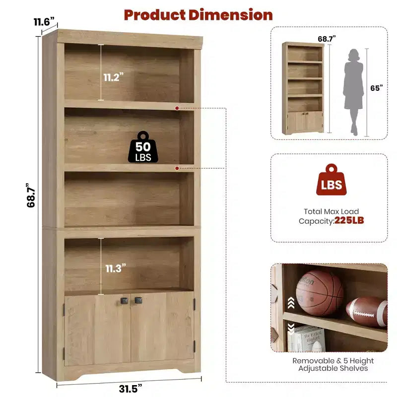 Libreria a 5 Ripiani, Libreria Stile Rustico, Larga 60/80 cm con 2 Ante e Ripiani Regolabili, Scaffale Aperto con Design Antiscivolo per la Casa