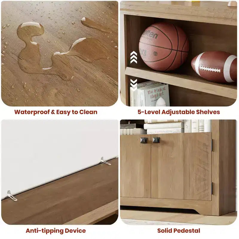 Libreria a 5 Ripiani, Libreria Stile Rustico, Larga 60/80 cm con 2 Ante e Ripiani Regolabili, Scaffale Aperto con Design Antiscivolo per la Casa