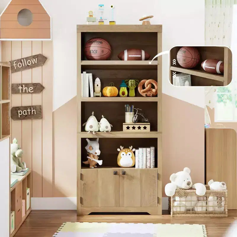 Libreria a 5 Ripiani, Libreria Stile Rustico, Larga 60/80 cm con 2 Ante e Ripiani Regolabili, Scaffale Aperto con Design Antiscivolo per la Casa