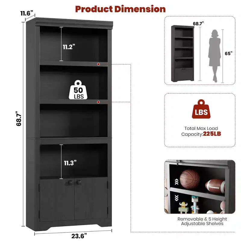 Libreria a 5 Ripiani, Libreria Stile Rustico, Larga 60/80 cm con 2 Ante e Ripiani Regolabili, Scaffale Aperto con Design Antiscivolo per la Casa