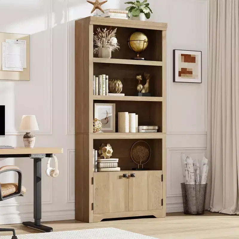 Libreria a 5 Ripiani, Libreria Stile Rustico, Larga 60/80 cm con 2 Ante e Ripiani Regolabili, Scaffale Aperto con Design Antiscivolo per la Casa