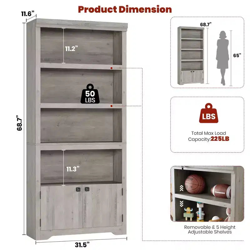 Libreria a 5 Ripiani, Libreria Stile Rustico, Larga 60/80 cm con 2 Ante e Ripiani Regolabili, Scaffale Aperto con Design Antiscivolo per la Casa