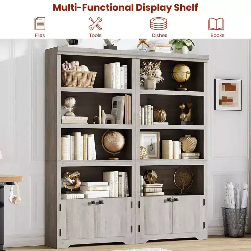 Libreria a 5 Ripiani, Libreria Stile Rustico, Larga 60/80 cm con 2 Ante e Ripiani Regolabili, Scaffale Aperto con Design Antiscivolo per la Casa