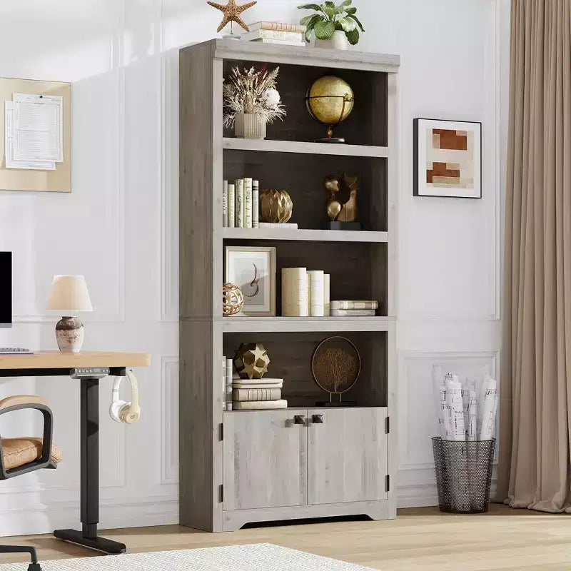 Libreria a 5 Ripiani, Libreria Stile Rustico, Larga 60/80 cm con 2 Ante e Ripiani Regolabili, Scaffale Aperto con Design Antiscivolo per la Casa