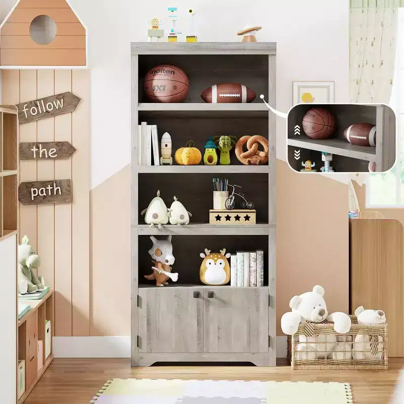Libreria a 5 Ripiani, Libreria Stile Rustico, Larga 60/80 cm con 2 Ante e Ripiani Regolabili, Scaffale Aperto con Design Antiscivolo per la Casa