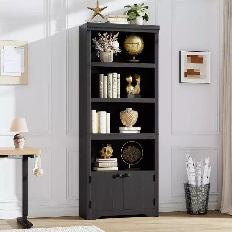 Libreria a 5 Ripiani, Libreria Stile Rustico, Larga 60/80 cm con 2 Ante e Ripiani Regolabili, Scaffale Aperto con Design Antiscivolo per la Casa