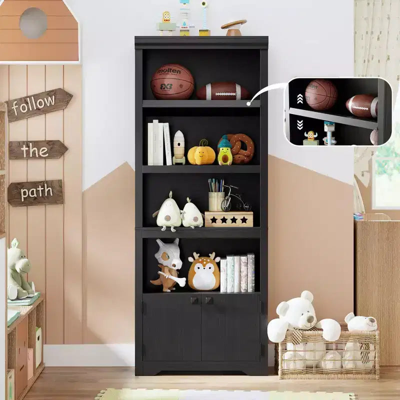 Libreria a 5 Ripiani, Libreria Stile Rustico, Larga 60/80 cm con 2 Ante e Ripiani Regolabili, Scaffale Aperto con Design Antiscivolo per la Casa