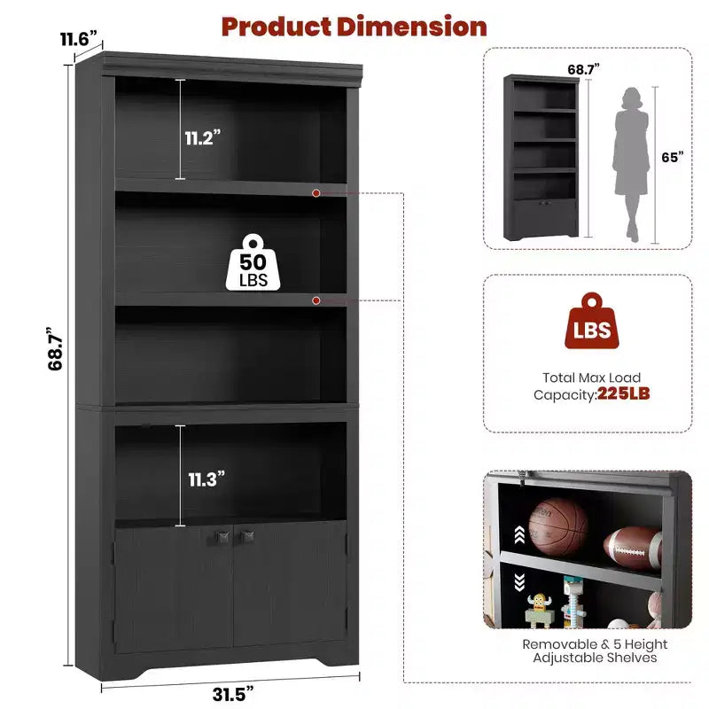 Libreria a 5 Ripiani, Libreria Stile Rustico, Larga 60/80 cm con 2 Ante e Ripiani Regolabili, Scaffale Aperto con Design Antiscivolo per la Casa