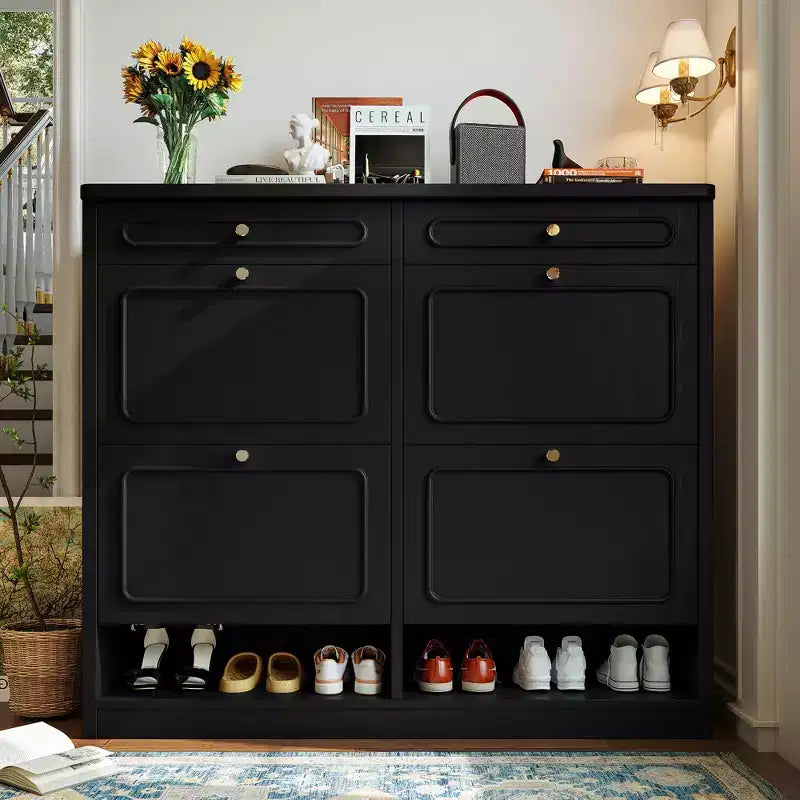 Laukingdom Mobile scarpiera in legno 47 con 4 cassetti a ribalta e 2 cassetti portaoggetti, stile rustico, 1 pezzo