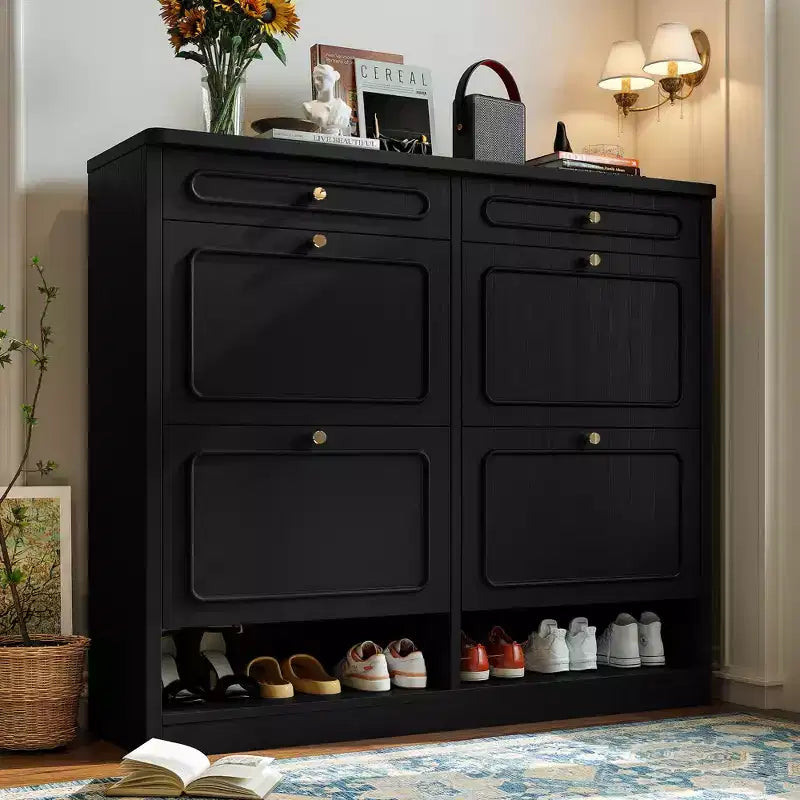 Laukingdom Mobile scarpiera in legno 47 con 4 cassetti a ribalta e 2 cassetti portaoggetti, stile rustico, 1 pezzo